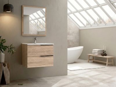 Meuble de salle de bains Reign + vasque centrée 2 tiroirs 60 x 48 x 46 cm bois mélaminé chêne clair - EGORE