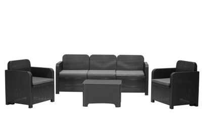 Salon de jardin VESUVIO aluminium noir résine 5 places avec coffre et coussins - GRANDSOLEIL