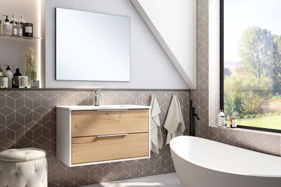 Meuble de salle de bains Duox 2 tiroirs L80 x H45 x P45 cm bois mélaminé blanc et bois - EGORE
