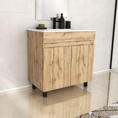 Meuble de salle de bains Timber 2 portes L80 x H83 x P46 cm MDF chêne naturel + vasque céramique blanche- AURLANE