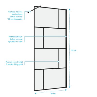 Paroi de douche à l'italienne 90x195 cm profilé noir verre transparent 5 mm Bricks - AURLANE