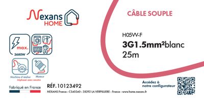 Câble électrique H05VV-F 3G1,5 mm² souple intérieur 25 m blanc - NEXANS