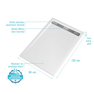 Receveur de douche 80x120 cm acrylique blanc Pure 2 - AURLANE