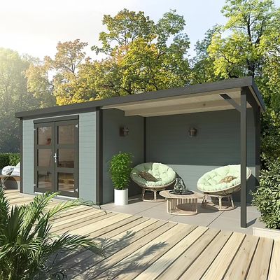 Abri de jardin enbois peint gris avec pergola Olivia - ép.19 mm - 12 m² hors-tout - WHITE WOOD