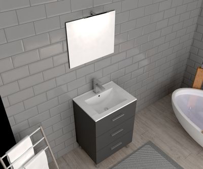Meuble de salle de bains sur pieds gris L 60 cm 3 tiroirs avec vasque et miroir Volta
