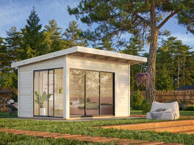 Studio de jardin Palmako Andrea en bois naturel et simple vitrage Slide -  17,4 m² hors-tout - Livraison à domicile - PALMAKO