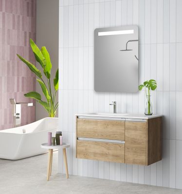 Caisson de salle de bains Thana 2 tiroirs 1 porte L100 x H55 x P45 cm panneau de particules chêne naturel
