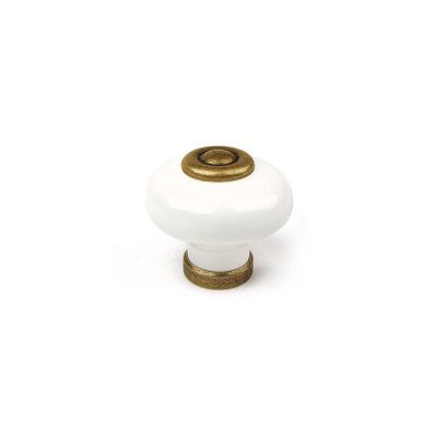 Bouton de meuble rond blanc porcelaine vieux laiton diamètre 31 mm par 4 REI