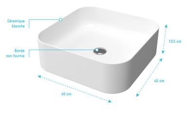 Vasque carrée à poser en céramique blanche Square round corners 40 x 40 x 13,5 cm AURLANE