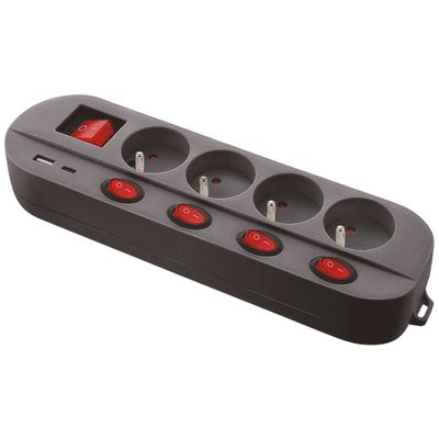 Multiprise avec interrupteurs 4 prises + USB-A + USB-C 1,5m noir - GEFOM
