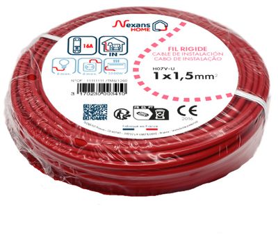 Fil électrique H07V-U 1,5 mm² rigide rouge 5 m - NEXANS