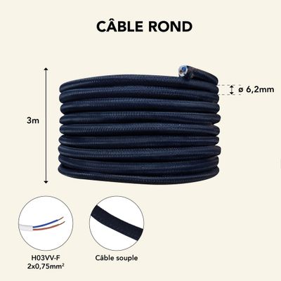 Câble électrique tissu bleu marine 3m - TIBELEC