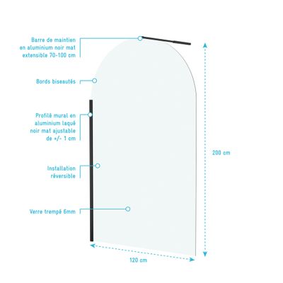 Paroi de douche à l'italienne 120x200 cm profilé noir verre transparent 6 mm Arcade - AURLANE