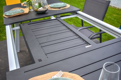 Table de jardin à rallonge PERCE-NEIGE aluminium gris/blanc 216/297x100 cm