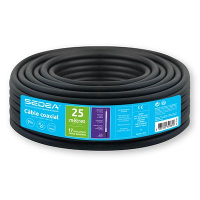 Câble antenne TV et satellite coaxial 17PATCA classe A+ extérieur 25 m noir - SEDEA