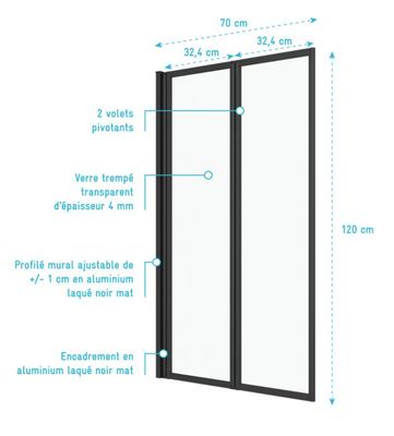 Pare-baignoire pivotant 2 volets noir mat 120 X 70 cm Duo AURLANE