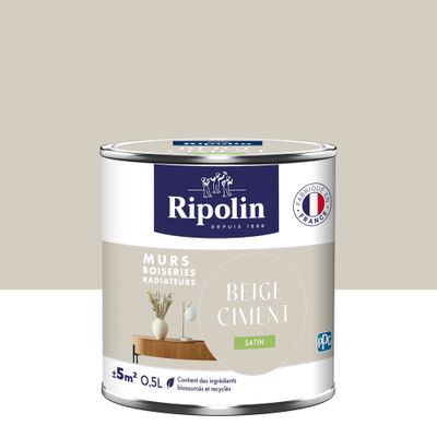 Peinture murs, boiseries et radiateurs beige ciment satin 0,5 L - RIPOLIN