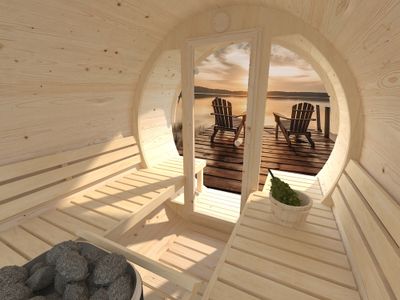 Sauna extérieur rond en bois Palmako Anita 4 places avec poêle et façade vitrée - 10,4 m² - PALMAKO