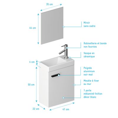 Ensemble lave mains blanc 41x50x22cm + Miroir - Smally White - AURLANE