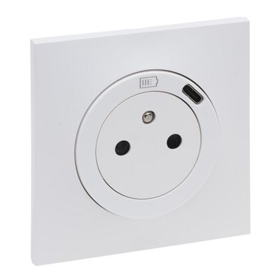 Prise électrique encastrable affleurante avec terre + USB-C Blanc - Neptune LEGRAND