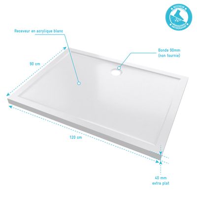 Receveur de douche 90x120 cm acrylique blanc Pure 2 - AURLANE