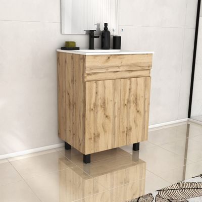 Meuble de salle de bains Timber 2 portes L60 x H83 x P46 cm MDF chêne naturel + vasque céramique blanche - AURLANE