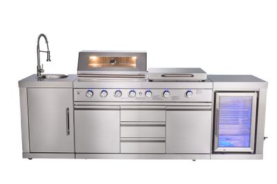 Cuisine d'extérieure inox avec évier, réfrigérateur, plan de travail, plancha et barbecue BRASERO
