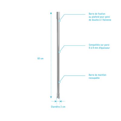 Barre de fixation plafond chromee 60 cm redécoupable paroi de douche à l'italienne AURLANE