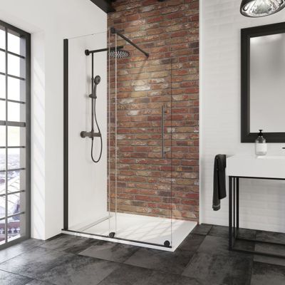 Paroi de douche à l'italienne Walk In coulissante 140x200 cm profilé noir verre transparent 8 mm New Style - SCHULTE