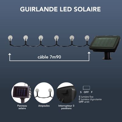 Guirlande lumineuse extérieur solaire LED 8m Saria noir IP44 blanc chaud - TIBELEC