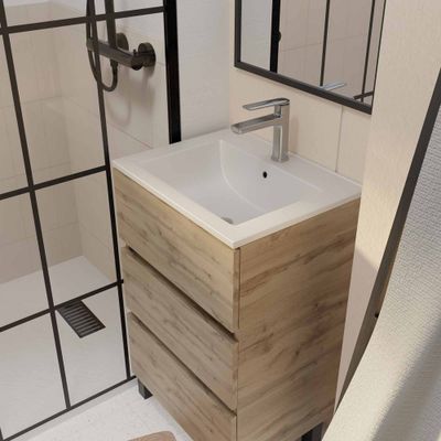 Meuble de salle de bains Timber 3 tiroirs 50 x 81 x 40 cm MDF chêne naturel vasque blanche - AURLANE