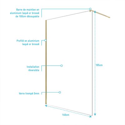 Paroi de douche à l'italienne 140x195 cm profilé or verre transparent 5 mm Essentiel Gold - AURLANE