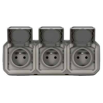 Triple prise électrique étanche IP55 en saillie horizontale 2 pôles + terre Gris - Plexo LEGRAND