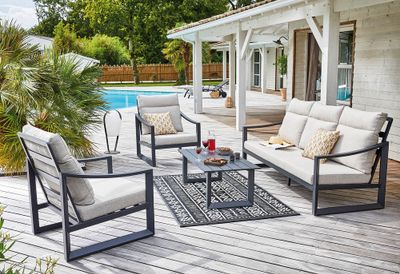 Salon de jardin PRADO aluminium beige/gris 5 places avec coussins - PROLOISIRS