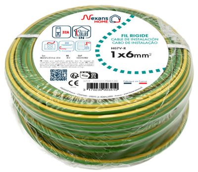 Fil HO7V-R 1 x 6 mm² 5 m vert et jaune