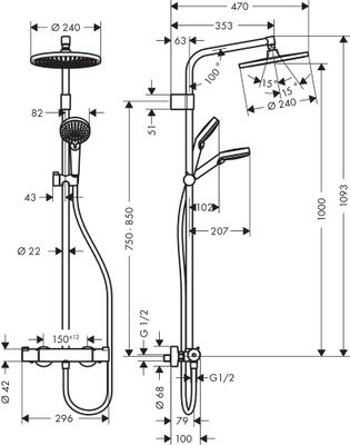 Colonne de douche Showerpipe Crometta Varia S 240 avec mitigeur thermostatique HANSGROHE