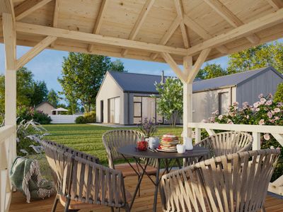 Kiosque de jardin en bois Betty - 9 m² intérieur - 14,8 m² hors-tout - Couverture de toit en shingles - Livraison à domicile incluse - PALMAKO