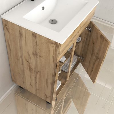 Meuble de salle de bains Timber 2 portes L60 x H83 x P46 cm MDF chêne naturel + vasque céramique blanche - AURLANE