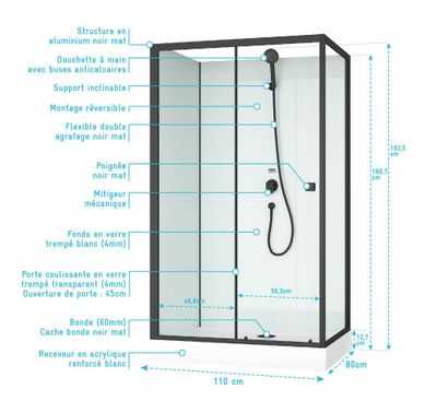 Cabine de douche profilé noir mat et receveur blanc 110x80x197 cm Essentiel AURLANE
