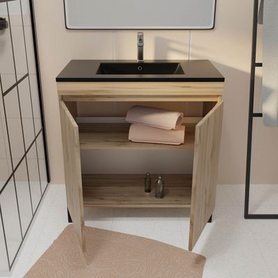 Meuble de salle de bains Timber 2 portes L80 x H83 x P46 cm MDF chêne naturel + vasque céramique noire - AURLANE