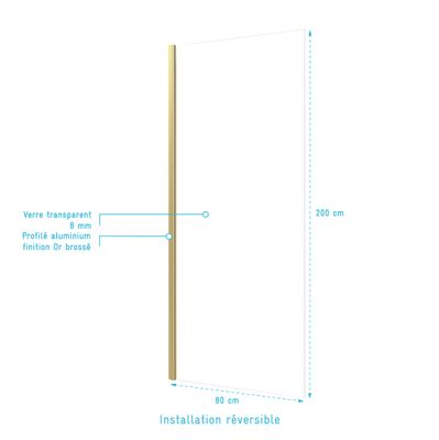 Paroi de douche à l'italienne 80x200 cm profilé or verre transparent 8 mm Parma - AURLANE