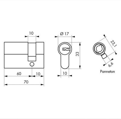 Demi-cylindre de serrure double entrée 60 x 10 mm Transit 2 très haute sécurité  nickelé 5 clés THIRARD