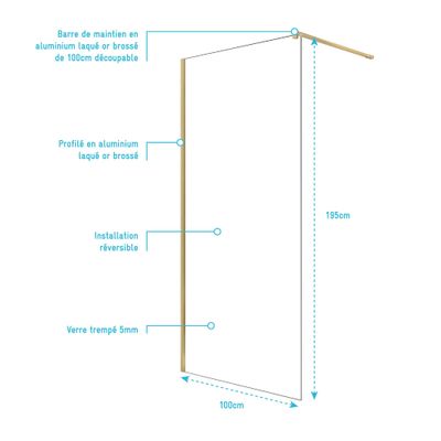 Paroi de douche à l'italienne 100x195 cm profilé or verre transparent 5 mm Essentiel Gold - AURLANE