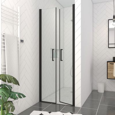 Porte de douche battante 90x200 cm profilé noir verre transparent 6 mm Saloon - AURLANE