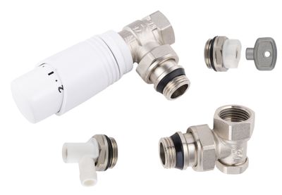 Kit complet de robinetterie de radiateur tête thermostatique équerre 1/2 nickelé blanc - QUICK PLOMBERIE