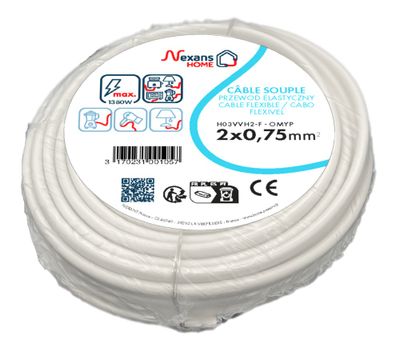 Câble électrique H03VVH2-F 2 x 0,75 mm² souple plat intérieur 25 m blanc - NEXANS