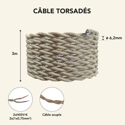 Câble électrique tissu torsadé lin 3m - TIBELEC