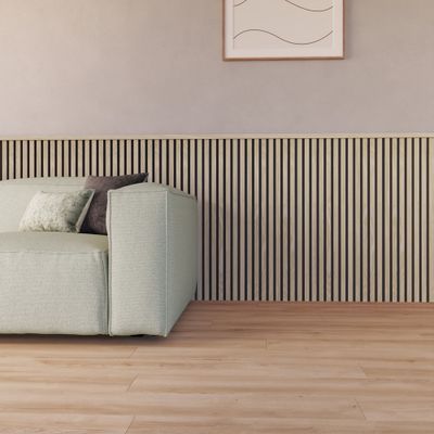 Profil de finition mdf Decowall Acoustic finition chêne clair sur fond noir  - 12 x 20 x 2600 mm - AJ TIMBER