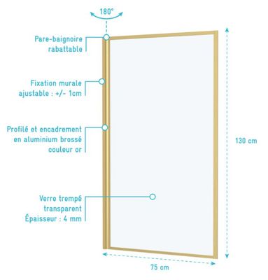 Pare-baignoire rabattable avec profilés et encadrement or brossé 130 X 75 cm Edge AURLANE