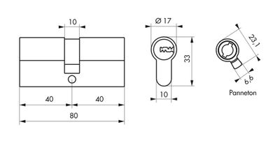 Cylindre de serrure double entrée 40 x 40 mm Trafic 6 haute sécurité laiton 5 clés THIRARD